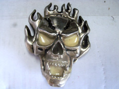 BELT BUCKLE, FLAMING SKULL, SILVER COLOR WITH CREAM ENAMEL
