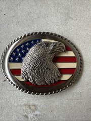 Oval American Flag w/Eagle Head Belt Buckle Antique Silver Tone Red White Blue