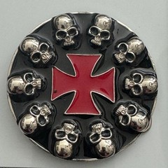Round Skull Knights Templar Cross Belt Buckle Silver Tone Black Red Metal