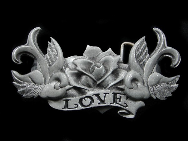 RL15107 **LOVE** (TWO SWALLOWS & ROSE TATTOO DESIGN ART) FASHION BELT BUCKLE
