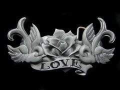 RL15107 **LOVE** (TWO SWALLOWS & ROSE TATTOO DESIGN ART) FASHION BELT BUCKLE