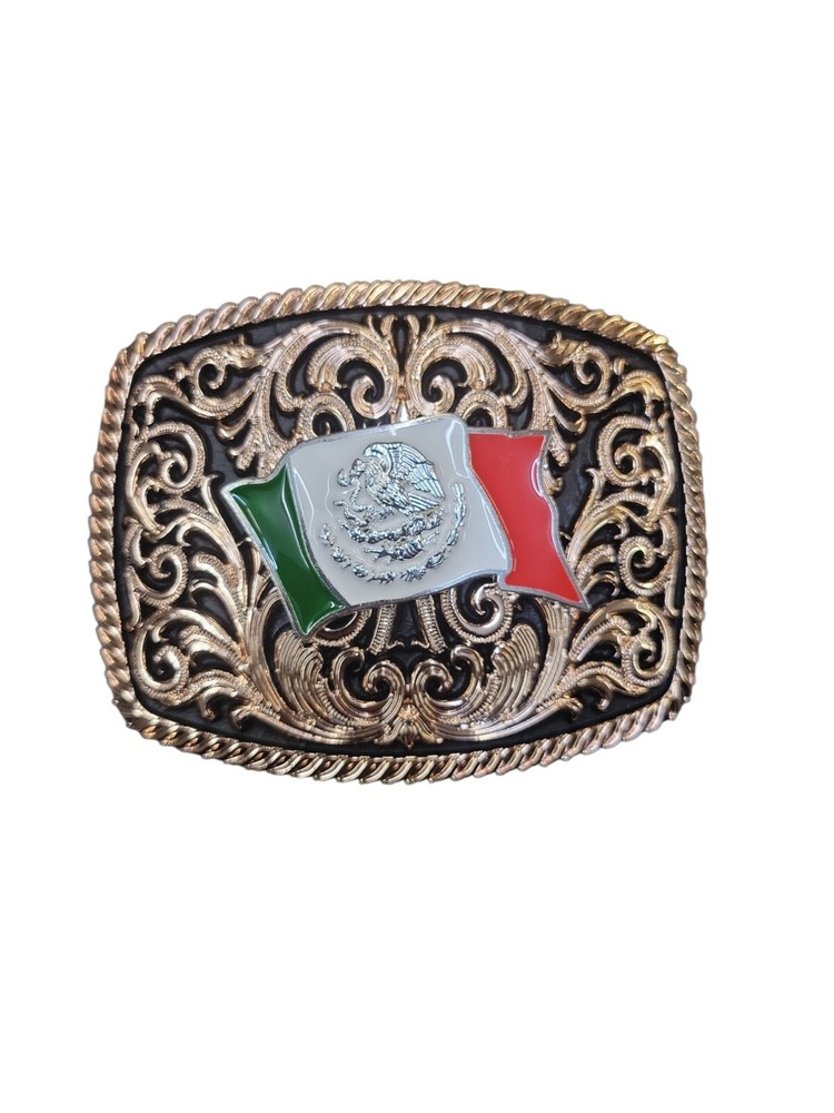 Cowboy Belt Buckle For Man Mexican Flag 4.25&Prime;x3.25&Prime; Gold Copper Tone/Black