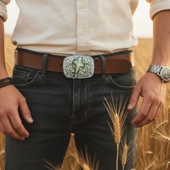 Men / Women Belt Buckle Cross Print Western Fashion Casual Jeans Pant Day Night