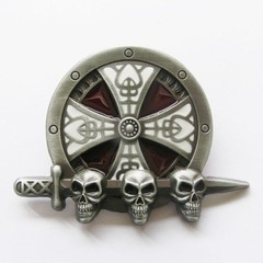 Round Iron Cross Knot Sword w/ Skulls Belt Buckle
