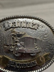 vintage USA made TRUCKER belt buckle OVERSIZED engraved WESTERN cowboy BRASS