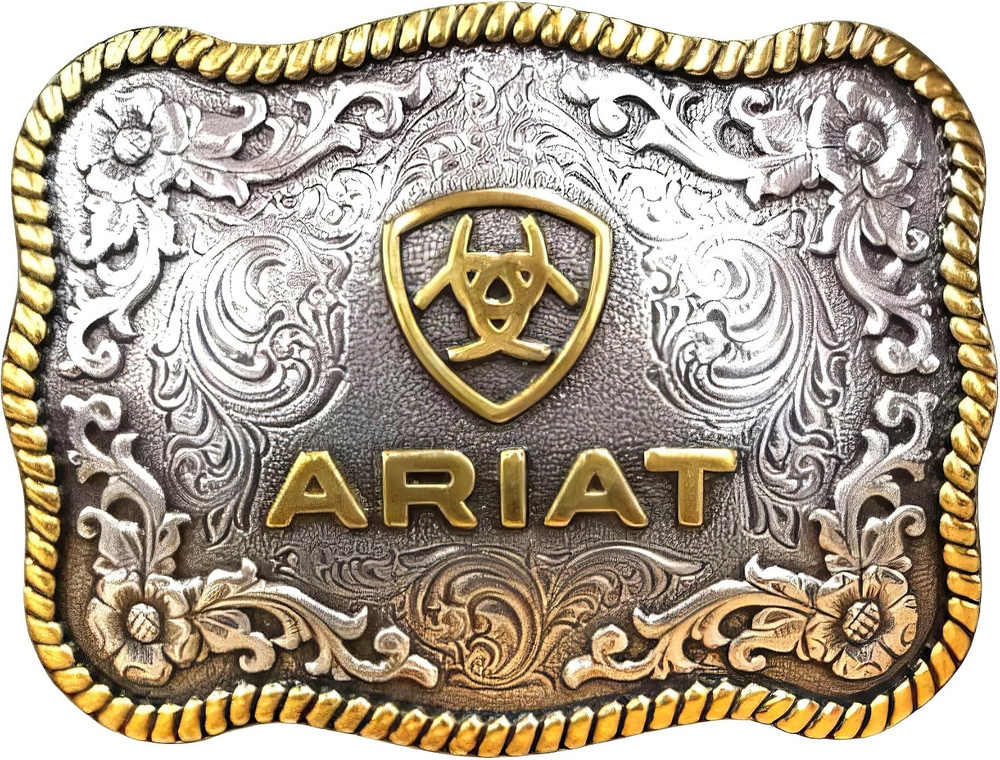 ARIAT Large Scalloped Shape Buckle with Logo, Floral and Scroll Detail, Twisted