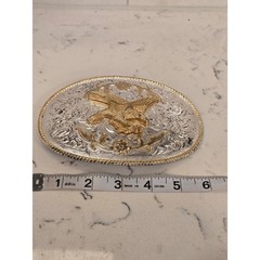 Western Eagle Belt Buckle Two Tone Gold Silver Floral Scroll Rope Border Oval