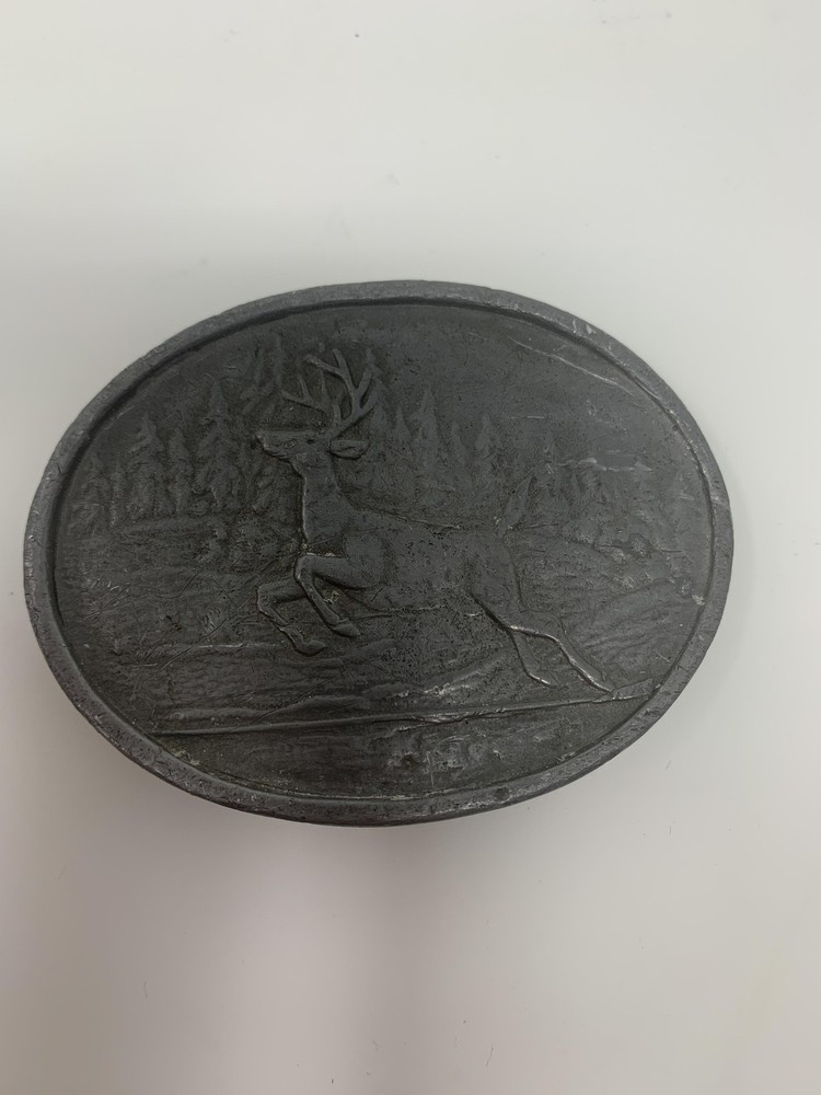 Vintage Pewter Deer Belt Buckle Oval Wildlife Outdoorsman Forest Scene Western