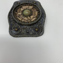 Western Belt Buckle Mens Gray Floral Metal Beaded Stone Mosaic Cowboy Rustic