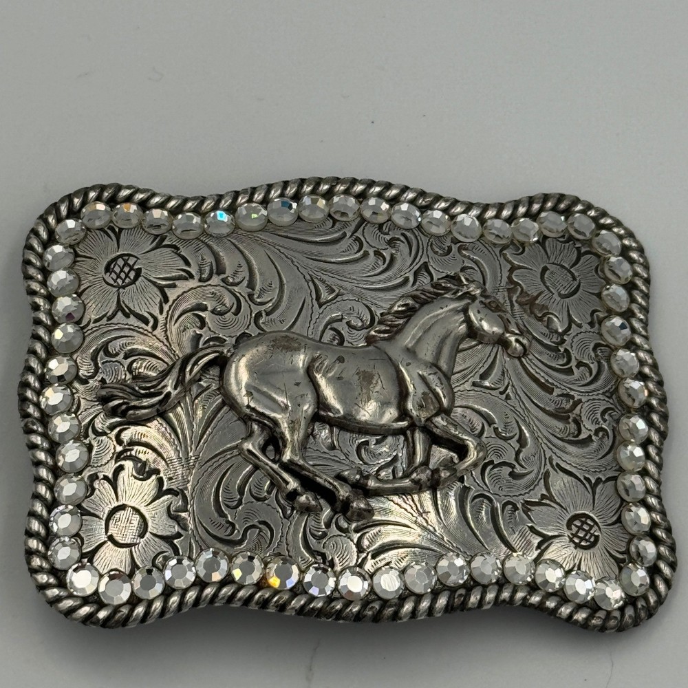 Western Horse Belt Buckle Silver Tone Floral Engraved Rhinestone Border Rodeo