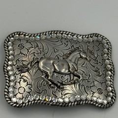 Western Horse Belt Buckle Silver Tone Floral Engraved Rhinestone Border Rodeo