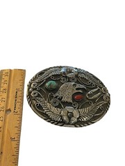 SSI Silver Turquoise Coral American Eagle Feathers Flower Belt Buckle & Bolo Tie