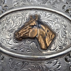 Men&rsquo;s Western Large Ornate Silver Overlay Belt Buckle With Copper Horse