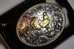 NOCONA SILVER & Gold tone OVAL STANDING ROOSTER Belt Buckle 37958