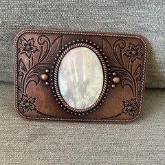 Mother of Pearl Shell Belt Buckle Bronze Engraved Floral Fits 1.5 Inch Belt