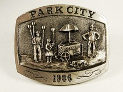 1986 Park City Utah Ice Cream Cart Belt Buckle by Michael Ricker 11215 W Box
