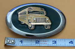 Vintage SCHOOL BUS Belt Buckle Chrome Black Background Raised Element Yellow Bus