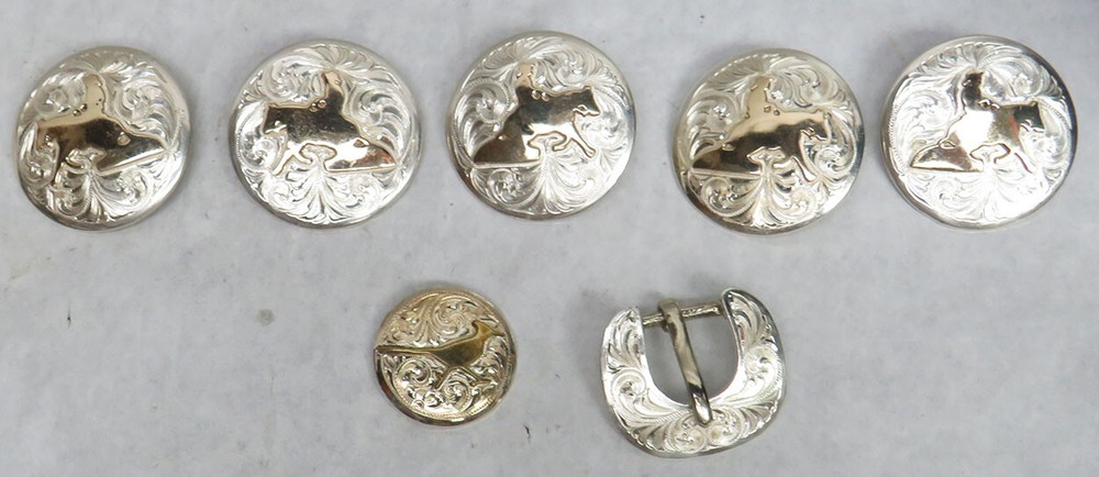 RODEO 10K GOLD ON STERLING SILVER BRONCO STUDS & BUCKLE MOUNTINGS FOR BELT