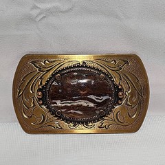 Belt Buckle Brass With Large Crazy Lace Agate Crystal Stone – 3.5 X 2 in.