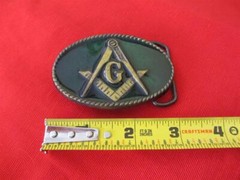 Masonic OVAL buckle green gold/ brass 2&Prime; x 3&Prime; fits aprx 1 5/8&Prime; belt mason symbol