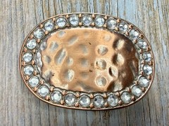 Textured Hammered Metal with Clear Rhinestone Border Modernist Belt Buckle