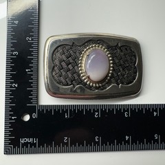 Vintage Western Style Oval Stone Belt Buckle Silver Tone Woven Pattern