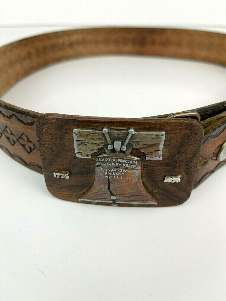 Vintage Unbranded 1776-1976 Liberty Bell Wood Belt Buckle w/ Sz 36 Leather Belt