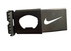Nike Gun Metal Belt Buckle Cutout Swoosh Logo SilverTone Beer Opener 2.5×1.75”