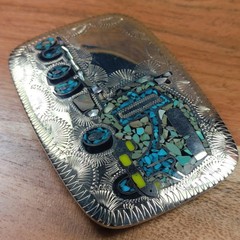 Western Native Engraved Turquoise Abalone Inlay Semi Truck Cowboy Belt Buckle