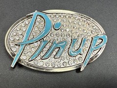 Pinup Girl – Blue Lettering Fashion Statement Novelty Jeweled Oval Belt Buckle