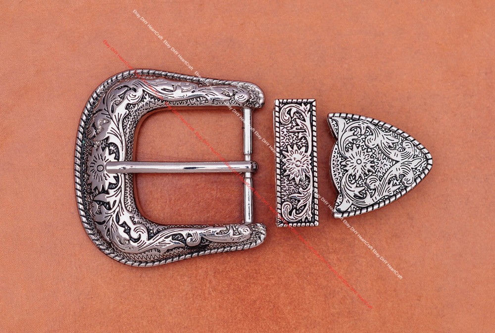 39mm Engraved Western Flower Silver Equestrian Bridle Halter Belt Buckle Set 3pc