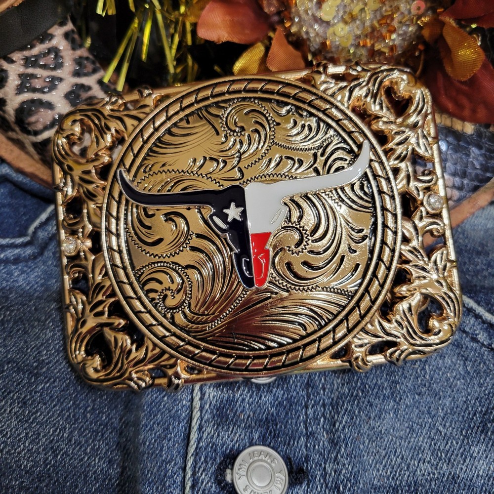 Longhorn Western belt Buckle Texas Style Rose Tone 4.5 x 3.5  » Cowboy Rodeo Buck