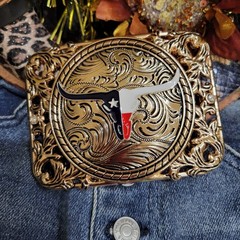 Longhorn Western belt Buckle Texas Style Rose Tone 4.5 x 3.5  » Cowboy Rodeo Buck