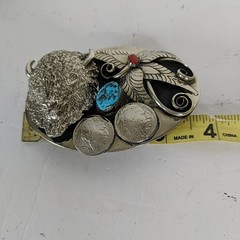 Keams Chee Navajo Belt Buckle Buffalo Head 1937 Indian Coin Turquoise Coral Vtg