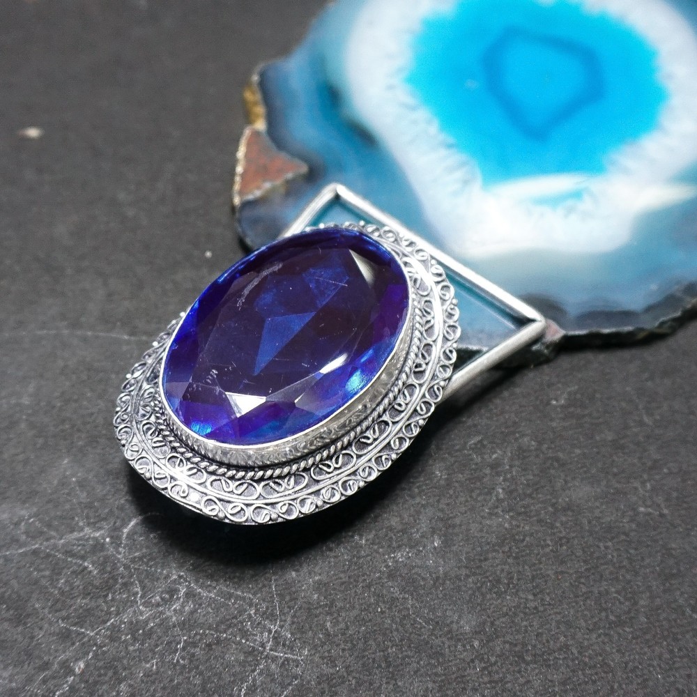 Blue Sapphire Belt Buckle Silver Plated Filigree Western Boho Statement Men