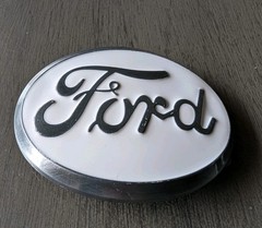 Ford Belt Buckle , White Enamel Fill Pewter Finish