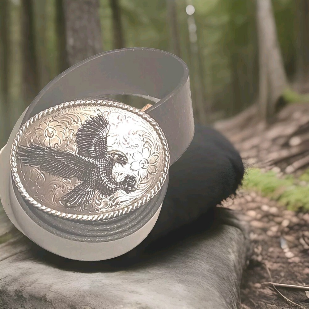 Oval Belt Buckle, Silver Tone, Eagle and Flowers With Leather Belt