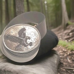 Oval Belt Buckle, Silver Tone, Eagle and Flowers With Leather Belt