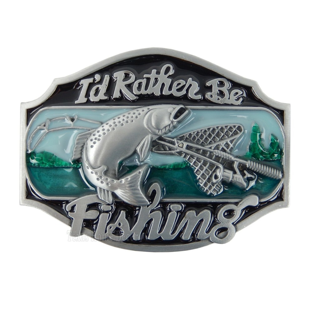 I&rsquo;d Rather Be Fishing Belt Buckle Antique Silver Enamel Inlay Fits 1.5&Prime; Belts