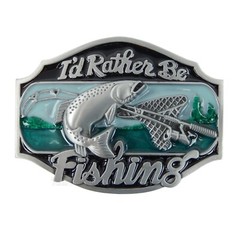 I&rsquo;d Rather Be Fishing Belt Buckle Antique Silver Enamel Inlay Fits 1.5&Prime; Belts