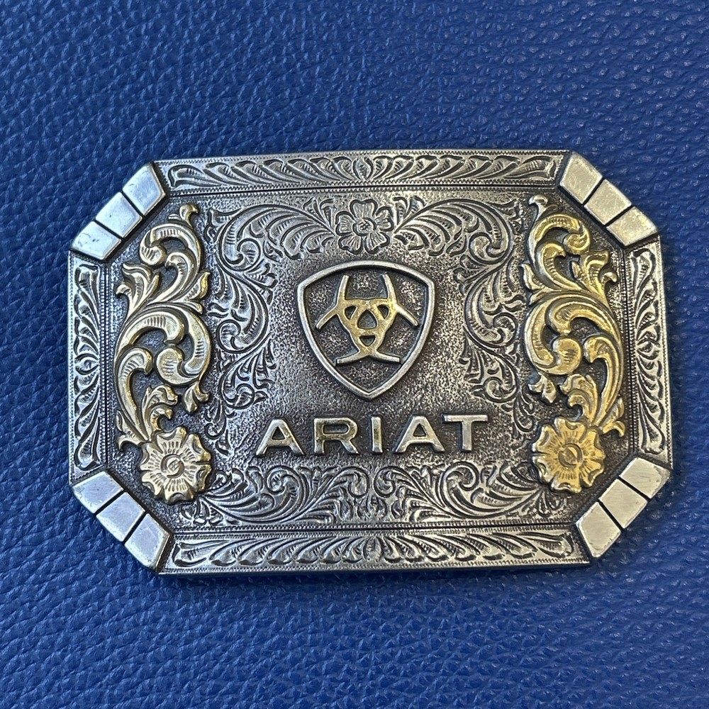 Ariat Logo Western Belt Buckle Floral Silver & Gold tone