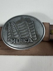 BevBuckle Belt Buckle Mens Brown Leather Merica American Flag USA Western Oval