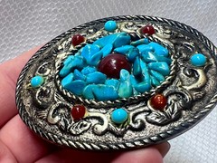 VTG Turquoise Belt Buckle Red Color Stones South Western Country Style Oval