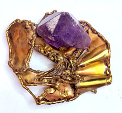 Vintage Brutalist Modern Amethyst Brass Belt Buckle