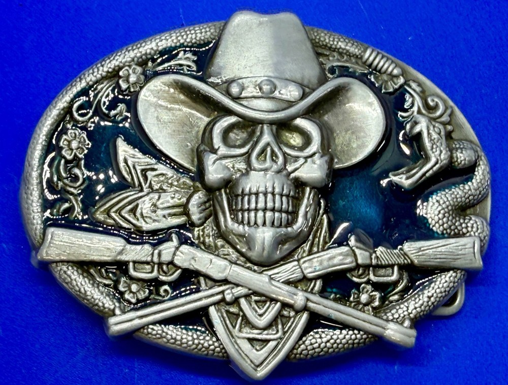 Cowboy Skull Bandana W/ Crossed Rifle Snakes Blue Background Western Belt Buckle