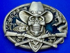 Cowboy Skull Bandana W/ Crossed Rifle Snakes Blue Background Western Belt Buckle