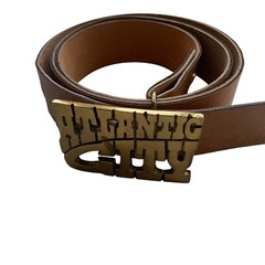 Atlantic City Brass Belt Buckle Brown Faux Leather Belt 1 1/2” Sz Large 36-45