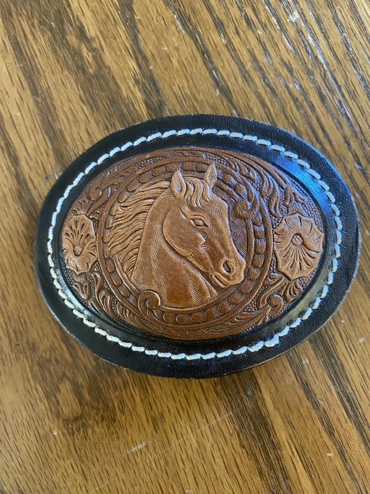 Vintage Leather Crafted belt buckle HORSE WESTERN Tooled leather !