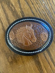 Vintage Leather Crafted belt buckle HORSE WESTERN Tooled leather !