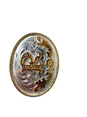 Western Initial Belt Buckle 3.5 x 2 5/8 in Oval R Silver Engraved Gold 1.75